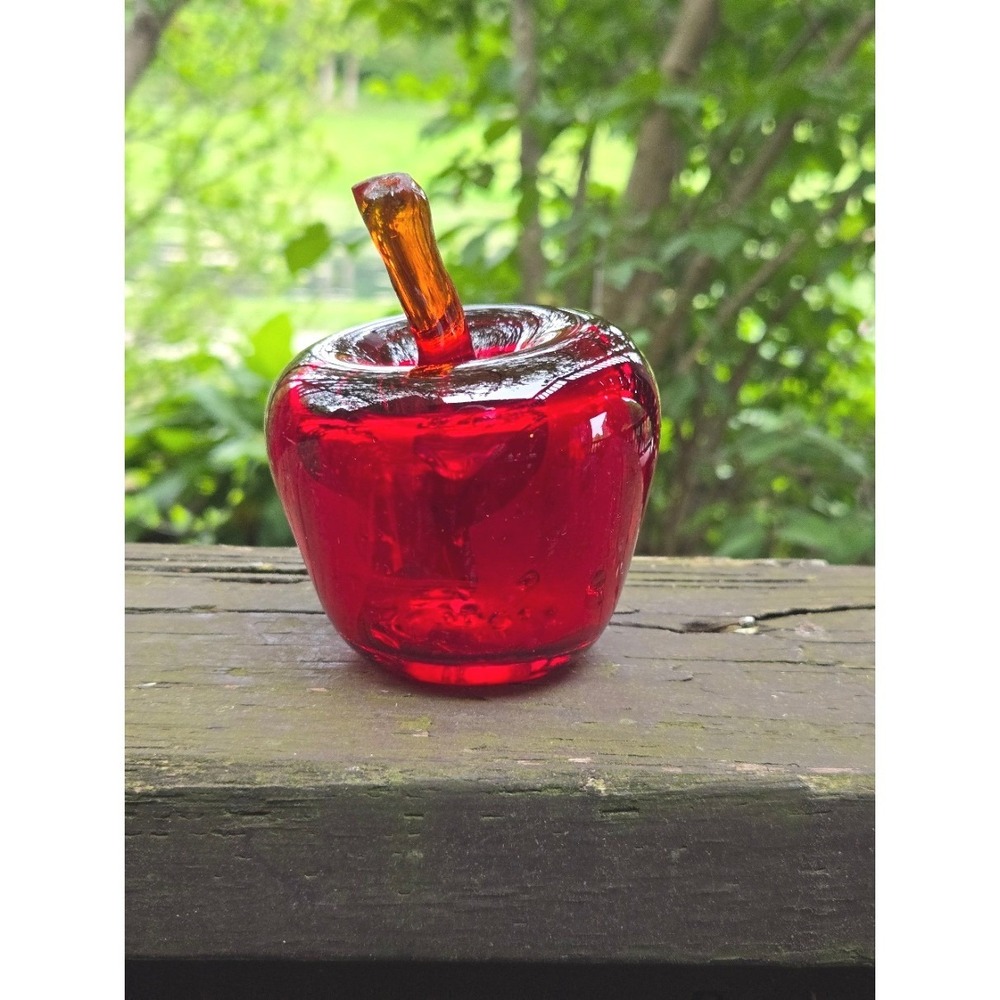 Vtg Murano Style Hand Blown Ruby Red Glass Apple Paperweight Figurine 4"